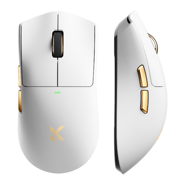 MCHOSE K7 Ultra wireless gaming mouse in black, next to its 8K magnetic wireless charging dock.