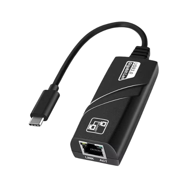 Black USB-C to Gigabit Ethernet adapter for high-speed wired internet.