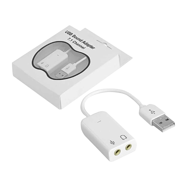 White external USB 7.1 channel sound card adapter with volume and mute buttons.
