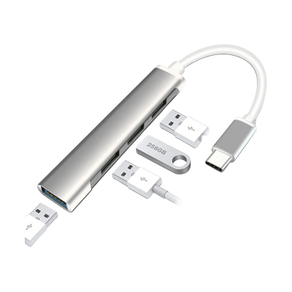 Silver 4-port USB-C hub adapter for connecting peripherals to a Macbook or laptop.