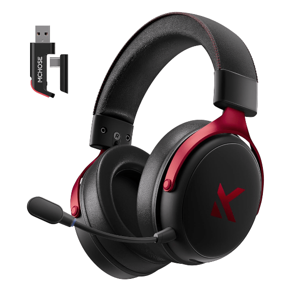 MCHOSE V9 series wireless gaming headset in Black Red, showing its 53mm drivers and AI noise-canceling mic.
