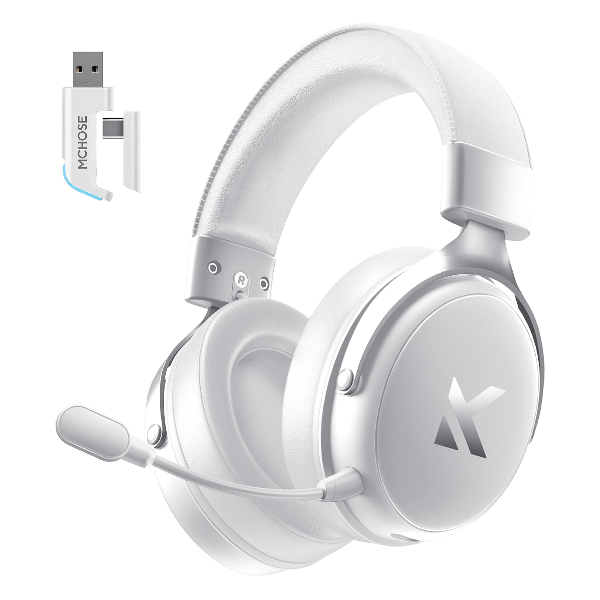 MCHOSE V9 series wireless gaming headset in Icy White, showing its 53mm drivers and AI noise-canceling mic.