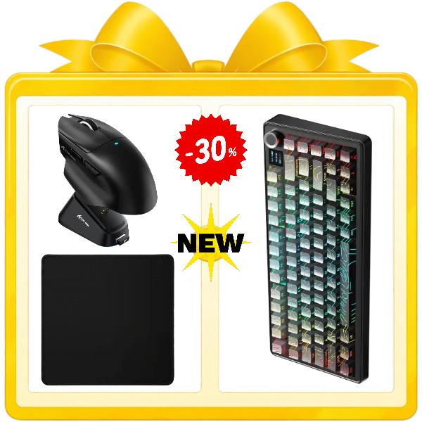 Flow State Bundle featuring the AULA F75 MAX mechanical keyboard, ATTACK SHARK V6 wireless gaming mouse, and FGT Noir mousepad